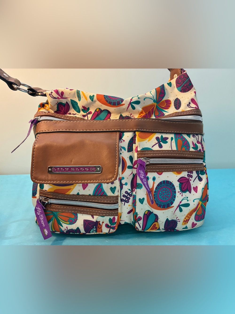 Lilly Bloom Cream Floral Crossbody Bag with Brown Trim